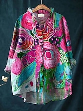 abordables Tops à Rayures et Géométriques pour Femmes-Femmes Chemise Fleuri Élégant Occasionnel manche longue Col en V Hauts Réguliers Quotidien Boutons Imprimé Rose Claire Rouge Bleu Fuchsia Vert Été Printemps