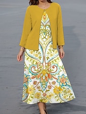 cheap Floral Dress-Women&#039;s Dress Set A Line Dress Summer Dress Casual Floral Graphic Print Midi Dress 3/4 Length Sleeve Crew Neck Vacation Date Yellow Pink Blue Spring Fall Regular Fit