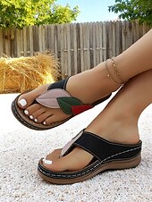 billige Komfortsandaler-Kilesandaler med fargeblokkmønster i bladdesign til dame – myke slip-on-flip-flops for hage, brunsj og sommerturer