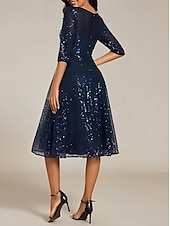 cheap Wedding Guest Dresses-A-Line Wedding Guest Dresses Elegant Dress Wedding Guest Homecoming Knee Length Half Sleeve Crew Neck Sequined with Pleats Sequin