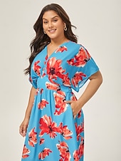 abordables Robes fleuries élégantes-robe midi élégante à fleurs bleues et col en V pour l&#039;été