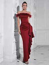 economico ROSSO-Abito da sera in raso elasticizzato a sirena/tromba, elegante, formale, da sposa, lungo fino al pavimento, senza maniche, con spalle scoperte e volant di piume, 2025