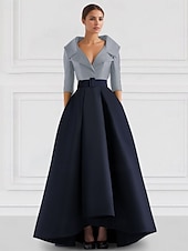 cheap BLUE-Blue Red A-Line Satin Formal Evening Gown Elegant Fall Wedding Guest Dress Tuxedo Dress Asymmetrical 3/4 Length Sleeve Shirt Collar with Pocket