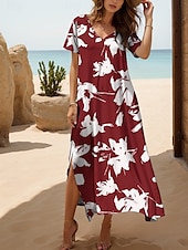abordables Robes fleuries-Femmes Robe maxi Robe Décontractée Robe d&#039;Été Robe trapèze Vacances Occasionnel Plage Coupe régulière Fleuri Graphique Manche Courte Col en V Noir Blanche Rouge Bleu Été Printemps