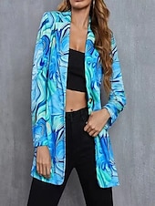 billiga Blazers och kostymer-Dam Kavaj Bekväm Andningsfunktion Mönster Modern Ledigt Geometrisk Kontor Gata Ledigt Dagliga kläder Enkelknäppt Normal Nedvikt Lös passning Långärmad Ytterkläder Blå Purpur Fuchsia Sommar Vår