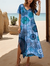 tanie Sukienki boho-Damskie Sukienka midi Codzienne sukienki Sukienka letnia Sukienka A line Letnie sukienki Bohema Urlop Codzienny Plaża Luźna Graficzny Boho Paisley Damask Krótki rękaw W serek Żółty Czerwony Niebieski