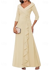 billiga Bröllopsgästklänningar-A-Linje Bröllopsgäst Klänningar Elegant Klänning Bröllopsgäst Förlovning Golvlängd 3/4 Längd Ärmar V-ringad Chiffong med Fållar Ruched Pärla