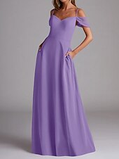 baratos Vestidos para Madrinhas-Vestido de Madrinha A-Line Alça Fina Manga Curta Elegante Comprimento Total Chiffon com Cor Sólida 2025