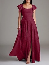 billiga Brudtärneklänningar-A-linje Bridesmaid Klänning Scoophals Ärmlös Elegant Golvlängd Chiffon med Volanger  Delad Framsida