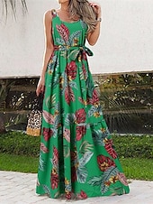preiswerte Druck Blumen Kleider-Damen Langes Kleid Maxikleid Freizeitkleid Schwingkleid Sommerkleid Unterkleid Elegant Mode Modern Täglich Strand Wochenende Normale Passform Blume Ärmellos Rundhalsausschnitt Schwarz und Wei