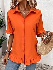 levne Hladké dámské topy-Dámská košile button down blůza jednobarevná jednoduchá stylová moderní volná košile s krátkým rukávem button down blůza límeček běžné vrchní díly do práce denní svátek volánky knoflíky bílá oranžová
