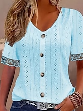 baratos Tops de Renda-Mulheres Camisa de renda Côr Sólida à moda Casual Estilo Praia Manga Curta Decote V Tops regulares Diário Renda Patchwork Botões Branco Azul Céu Verão