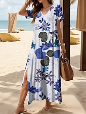 ieftine Rochii florale-Pentru femei Rochie Maxi Rochie casual Rochie de Vară Rochie A line Elegant Vacanță Casual Plajă Fit regulat Floral Grafic Frunză Manșon scurt În V Negru și Alb Galben Roșu-aprins Albastru piscină