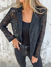 abordables Blazers y Trajes-Mujer chaqueta Transpirable Cómodo Encaje Retazos Casual Plano Oficina Calle Casual Ropa Cotidiana Frente Abierto Regular Cuello Vuelto Ajuste regular Manga Larga Ropa de calle Negro Blanco Verano