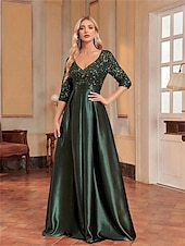 cheap BLACK-A-Line Quinceanera Dresses Elegant Dress Formal Wedding Floor Length Long Sleeve V Neck Polyester with Sequin