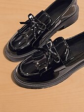 economico Slip-ons e mocassini da donna-Loafers in pelle verniciata bordeaux per donna con nappa e fiocco scarpe flat vintage per uscite casual e uso quotidiano
