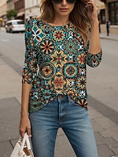ieftine tricou floral-Pentru femei Bluză Grafic Elegant Boemia Casual Manșon Lung Stil Nautic Rotund Topuri obișnuite Zilnic Ieșire Costum de plajă Imprimeu Galben Albastru piscină Mov Trifoi Vară Primăvară