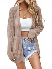 baratos Casacos &amp; Casacos de Trench-Mulheres Jaqueta casual Respirável Confortável Com Corte Casual Tecido Férias Rua Casual Roupa Diária Abertura Frontal Padrão Sem Colarinho Normal Manga Longa agasalhos Preto Branco Cáqui Verão