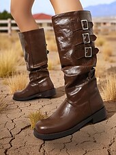 olcso Slouch Boots-Női barna műbőr térdig érő csizma tripla csatos pántokkal – western lovagló stílus őszi szettekhez, farmi napokra és szabadtéri viseletre