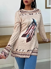 billige Boho t-skjorte-Dame T skjorte Blomstret Bohem Årgang Mote Langermet Crew-hals Lange topper Daglig Ut på byen Helg Trykt mønster Kakifarget Vår, Høst, Vinter, Sommer