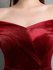 cheap RED-Mermaid / Trumpet Evening Gown Elegant Dress Formal Wedding Floor Length Short Sleeve Off Shoulder Velvet with Beading
