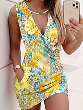 abordables Robes fleuries-Femmes Mini Robe Robe fourreau Robe Portefeuille Robe d&#039;Été Robe d&#039;été Occasionnel Quotidien Coupe régulière Fleuri Graphique Sans manches Col en V Jaune Rose Claire Rouge Bleu Été