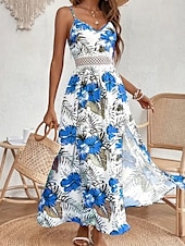 levne Elegantní květinové šaty-Dámské Midi šaty Květinové šaty Letní šaty Slip Dress Šaty s potiskem Módní Klasické Moderní Dovolená Denní Jdeme ven Běžný Květiny Bez rukávů Popruhy Rubínově červená Vodní modrá Trávová zelená Léto