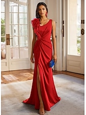 baratos AZUL-Vestido de noite elegante, verde e azul, coluna, formal, para convidados de casamento, longo, sem mangas, gola redonda, crepe elástico destacável, com penas e franzido, 2025