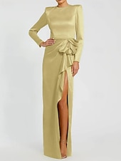 baratos Vestidos de noite tipo tubinho-Vestido de Noite Black Tie Sereia  Trompete Vestido Elegante Formal Casamento Comprimento de Piso Manga Longa Vestido de Cetim Decote Redondo com Laço(s) Fenda com Pregas