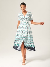 economico Abiti floreali-Per donna Femminile Vestito Casual Abito Midi Verde Geometrico Estate Girocollo All&#039;americana Vacanza Stile Boho XS S M