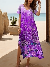 cheap Floral Dress-Women&#039;s Maxi Dress Casual Dress Sundress A Line Dress Elegant Vacation Casual Beach Regular Fit Ombre Floral Graphic Short Sleeve V Neck Magenta Red Blue Purple Summer Spring