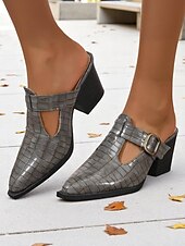 abordables Sabots et mules femme-Mules à talon bloc pour femme en relief croco – chaussures à enfiler avec boucle décorative et design découpé, chaussures de ville élégantes pour le bureau, le travail et le quotidien