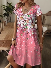 billiga Blommiga klänningar-Dam Mini klänning T shirtklänning Solklänning A linjeklänning Semester Ledigt Strandstil Utekväll Strand Normal Blommig Grafisk Kortärmad V-hals Gul Rodnande Rosa Blå Purpur Sommar