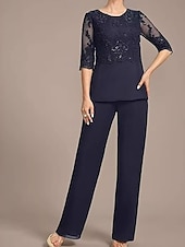 economico Tailleur pantalone della mamma-Completo da Madre della Sposa Elegante Vintage Collo Rotondo Lunghezza Caviglia Manica Mezza con Colore Solido