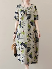 cheap Print Cotton &amp; Linen Dresses-Women&#039;s Maxi Dress Summer Dress Casual Daily Regular Fit Graphic Short Sleeve Crew Neck Gray Summer