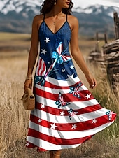 cheap Independence Day Dress-Women&#039;s Patriotic  Maxi Dress A Line Dress Slip Dress Vacation Casual Daily Holiday Regular Fit Graphic American Flag Sleeveless V Neck Spaghetti Strap