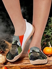 tanie Buty na płaskim obcasie damskie-damskie buty podróżne z nadrukiem kota na Halloween – wygodne, wsuwane, codzienne, płaskie buty na spacery i wakacje, lekkie obuwie z motywem czarownic na jesienne i świąteczne stylizacje Vincent Hie