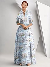 billige Gulvlengde-Mor til bruden A-Line Kjole Elegant Queen Anne Utringning Gulv-lengde Sateng 3/4 lengde ermer med Sløyfe(r) Race Day kjole Bryllupsgjest Kjole