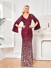 preiswerte BLAU-Meerjungfrau  Trompete Quinceanera Kleider Elegantes Kleid Formelles Hochzeitskleid Bodenlänge Langarm V-Ausschnitt Polyester mit Pailletten