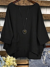 cheap Shirts-Women&#039;s Cotton Linen Blouse Solid Color Elegant Casual 3/4 Length Sleeve Crew Neck Boat Neck Regular Tops Daily Holiday Black White Navy Blue Green Summer Fall