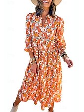 economico Abiti floreali-Per donna Abito Midi Abito a trapezio Casual All&#039;aperto Uscire Vestibilità regolare Floreale Grafico Manica Lunga Scollo a V Marrone chiaro Azzurro cielo Arancione Verde Estate