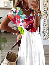preiswerte Blumenkleider-Damen Maxikleid Freizeitkleid Sommerkleid A Linie Kleid Elegant Urlaub Lässig Ferien Strand Normale Passform Ombre Blumen Grafik Kurzarm V Ausschnitt Weiß Sommer Frühling