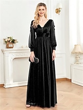 olcso Fekete-A-vonal Quinceanera Ruhák Elegáns Ruha Formális Esküvői Padló Hosszúságú Hosszú Ujjú V Nyak Sifon V Hátsó Ráncokkal Hasítékkal