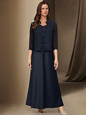 preiswerte Mit Jacke-A-Linie 3-teiliges Kleid für die Brautmutter, elegant, schlicht, lässig, U-Boot-Ausschnitt, knöchellang, Satin, lange Ärmel mit Spitze 2025