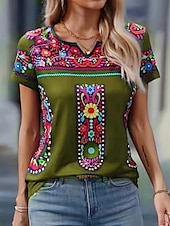 abordables T-shirt floral-Femmes T-shirt Fleuri Graphique ancien Élégant Classique Manche Courte Encolure en V Hauts Réguliers Quotidien Week-end Imprimé Noir bleu marine Vert Été Printemps