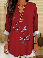 abordables Animaux Tops-Femmes Chemisier Graphique Animal Libellule Bohème ancien Tropical manche longue Col en V Hauts Réguliers Quotidien Fête Tenue de plage Imprimé Noir Blanche Rouge Bleu Violet Été Printemps