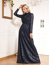 billiga BLÅ-A-linje stretchig paljett sjöjungfru / trumpet aftonklänning elegant klänning formell bröllopsklänning golvlång långärmad hög hals imitation hals med drapering 2025