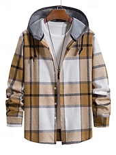baratos Casacos &amp; Sobretudos para Homem-Homens jaqueta leve Jaqueta de Camisa Jaqueta casual Cabana Férias Diário Respirável Bolsos Primavera Outono Xadrez Moda Clássico Com Capuz Padrão Preto Vermelho Azul cáqui Casaco
