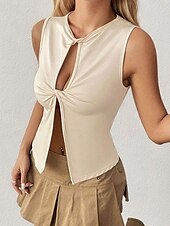 billige Vest-Dame Bluse عادي Moderne Fritid Ermeløs Crew-hals Vanlige topper Daglig Ferie Utskjæring Aprikos Sommer