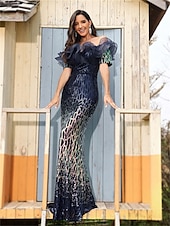 ieftine albastru-Trompetă / Sirenă Rochii de Quinceanera Elegant Rochie Oficial Nuntă Lungime Podea Manșon scurt De Pe Umăr Polyester Fără Spate cu Paiete Volane 2025